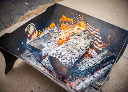 Swisher Eagle & Flag Fire Pit and Firewood Utility Cart | Fire Pit 32" L x 30" W x 15" H | Firewood Cart 24" W x 26" L x 39" H | Heavy Duty Steel | 200 lb Capacity