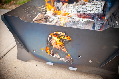 Swisher Eagle & Flag Fire Pit and Firewood Utility Cart | Fire Pit 32" L x 30" W x 15" H | Firewood Cart 24" W x 26" L x 39" H | Heavy Duty Steel | 200 lb Capacity