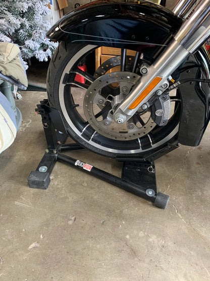 Black Widow Deluxe Adjustable Motorcycle Wheel Chock | Model BW-CH-DX2-V2 | Size 20" Wide | For Garage, Trailer & Pickup Beds