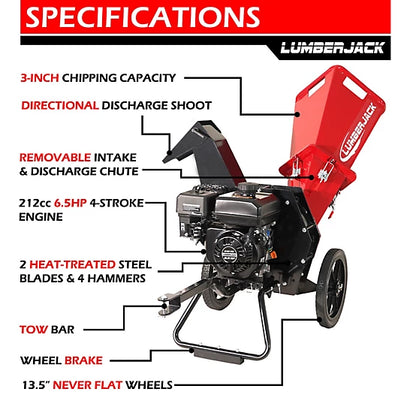 Lumber Jack 3" Chipper Shredder | Model YTL-171-664 | Width 46.2" | Engine 6.5 HP