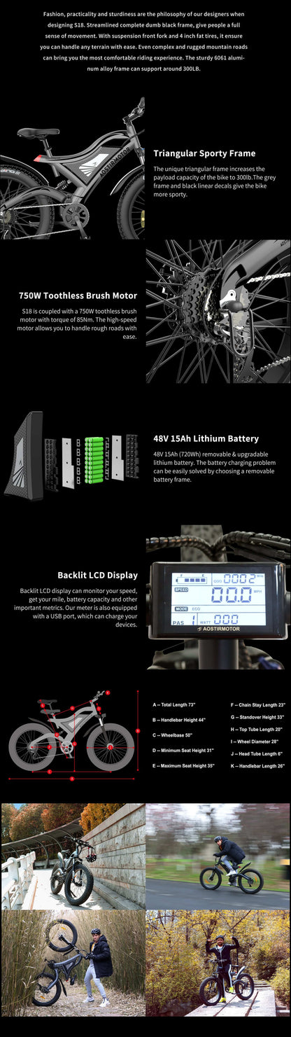 Aostirmotor All Terrain Electric Mountain Bike S18- 750W Motor | 48V 12Ah Battery