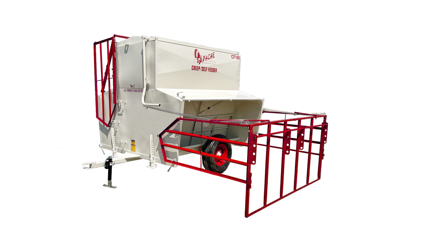 Apache Equipment 160 Creep/Self Feeder | Length 8' | Capacity 160 Bushel | Portable & Skid | Heavy‑Duty Steel & Galvanized Options | For Daily Feeding Pressure