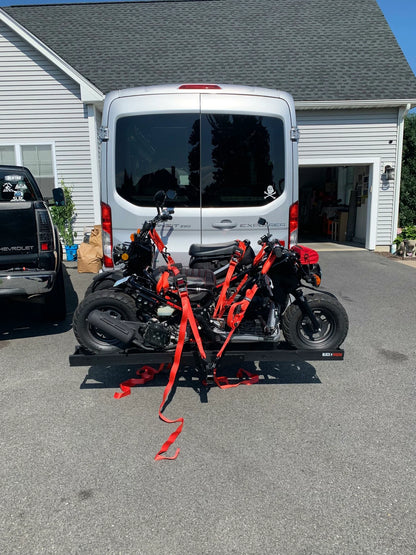 Black Widow Pro Double Dirt Bike Carrier | Model AMC-600-2-PRO | Dual 5.5" Tracks | Capacity 600 lb | For 2" Class III & IV Hitch Vehicles