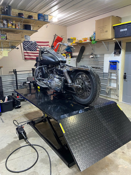 Black Widow Air/Hydraulic Motorcycle Lift Table Wide | Model BW-1500AO-V2-MC | Platform Size 78" x 47" | Capacity 1,500 lb | For Street, Touring & Cruiser Motorcycles