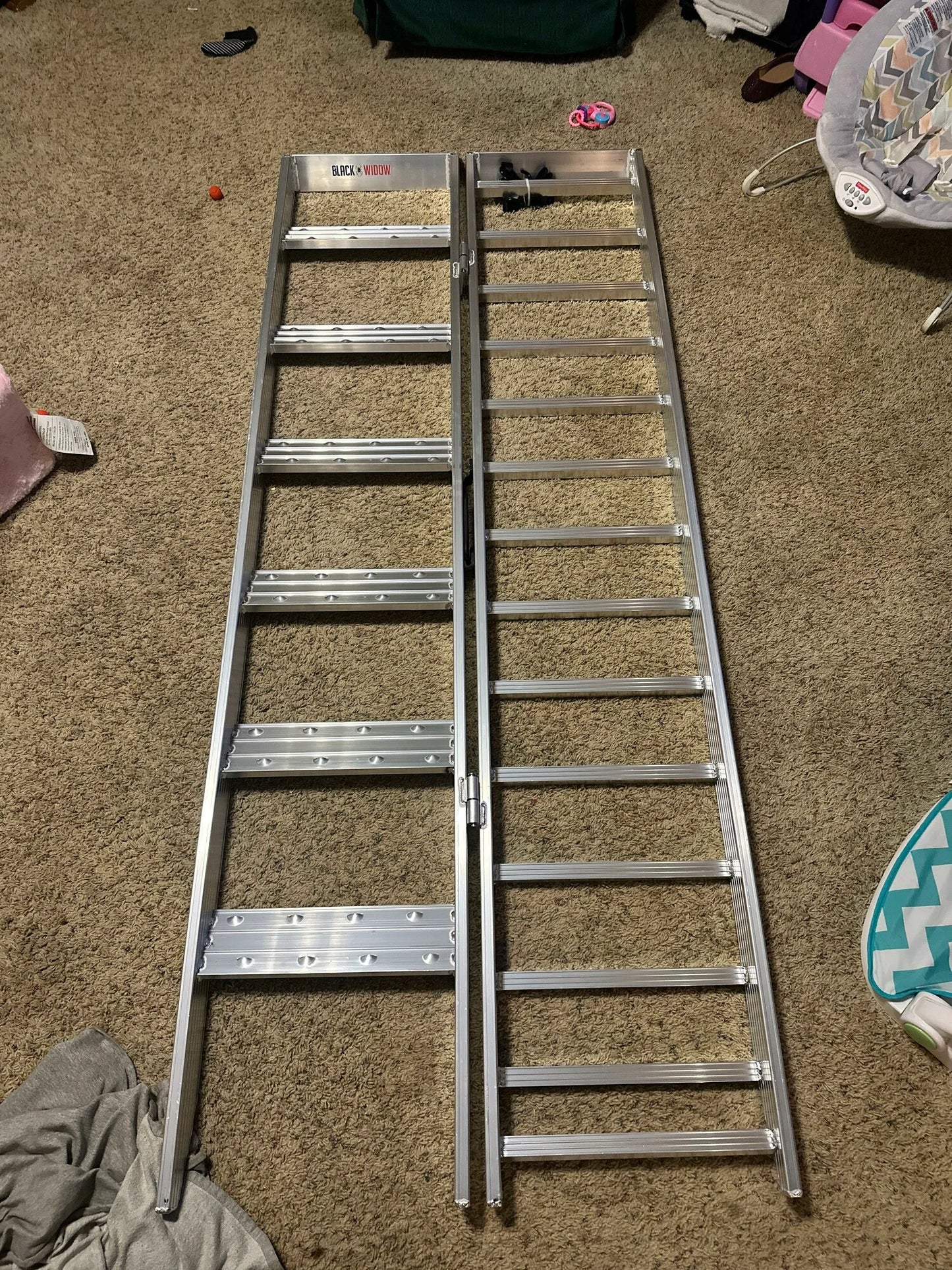 Black Widow Motorcycle Loading Ramp with Steps | Model MC-STEPRAMP-1737 | Width 6' 10.25" Bi-Fold | Ramp Capacity 750 lb. | Step Capacity 400 lb. | For Truck & Trailer