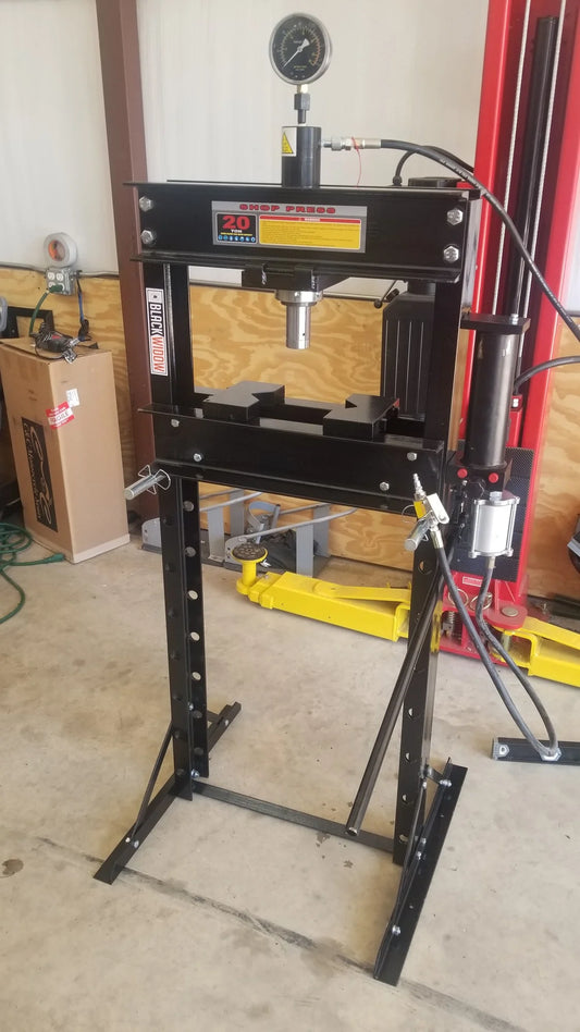 Black Widow 20-Ton Air-Operated Shop Press | Model BD-PRESS-20A | Width 29.5" | 20-Ton Air-Over-Hydraulic | For Home & Professional Auto Shops