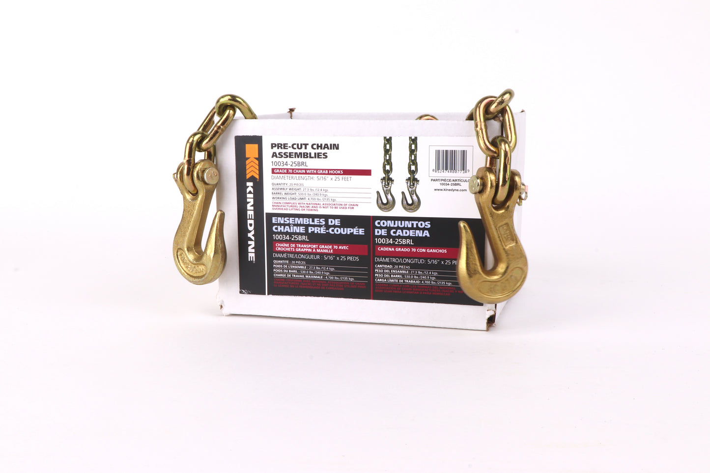 Kinedyne Grade 70 Grab Hook Chain Assembly | Width 5/16" | Length 25' | Working Load Limit 2,135 Kg | 20 Units Per Barrel | For Cargo & Industrial Tie-Down Applications