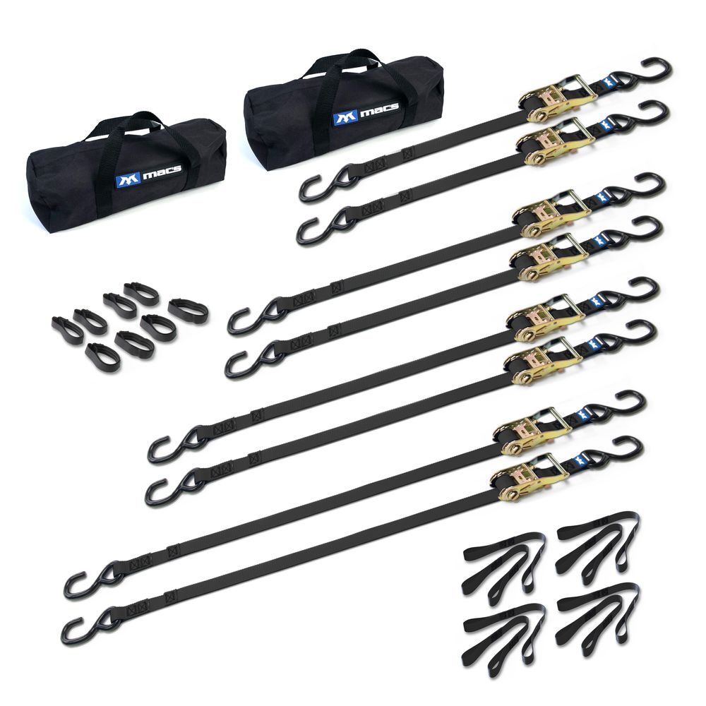 Black Widow Grab & Go 1" Strap Pack with 2 Small Bags | Model 510201 To 510209 | 1" Wide | Break Strength 2,800 lb | For Motorcycles, ATVs & Cargo