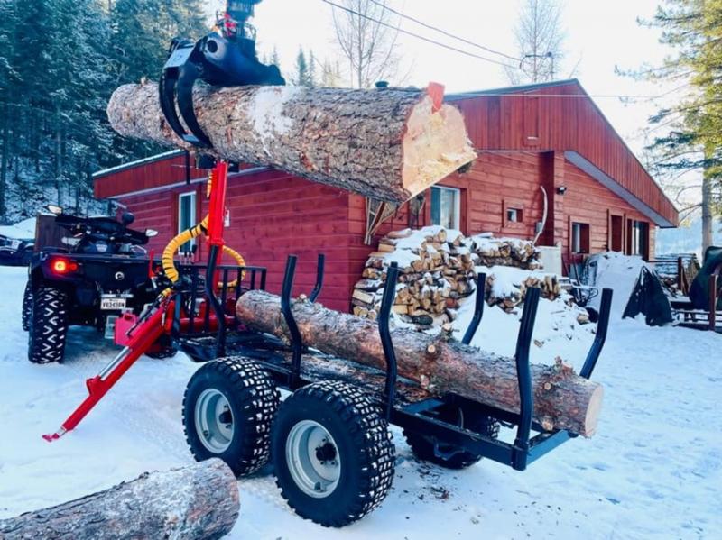 Woody Equipment 8' Forestry Trailer Model 8-52 with Log Loader 90 HD & 90 HD Plus | Included hydraulic Axle &  Grapple 28'' Hardox | For ATV / QUAD