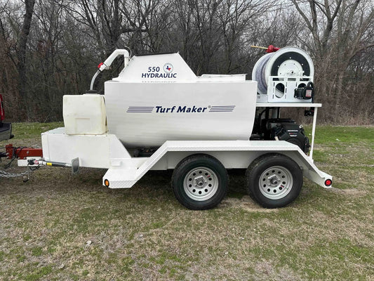 TurfMaker Hydroseeder | Model 550 (Hydraulic) | Total Capacity 550 Gallons | Skid Frame Width 47" | Double Axle Trailer Option