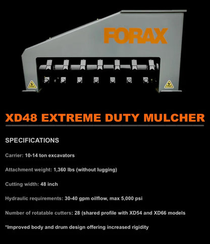 Forax Extreme Duty Mulcher | Model XD48 | 48" Cutting Width | Machine Size 10-14 Tons | For Excavators