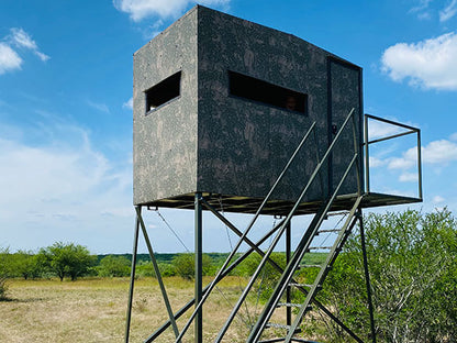 AWS Blind | Bushlan Outfitter Hunting Blinds | Models 5x5, 5x7 & 5x9 | Widths 60", 84" & 108" | Tower Heights Ground, 4', 8' & 12' | All-Metal Build | Combo Bow/Rifle Windows | For Deer Hunting
