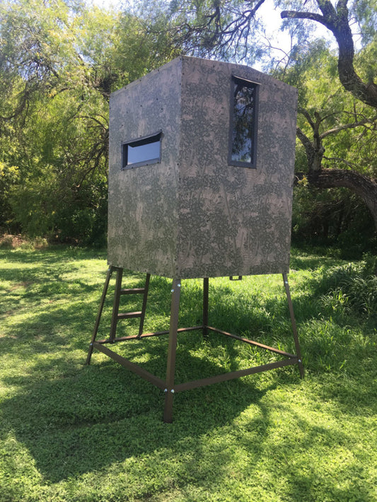 AWS Blind | Bushlan Outfitter Hunting Blinds | Models 5x5, 5x7 & 5x9 | Widths 60", 84" & 108" | Tower Heights Ground, 4', 8' & 12' | All-Metal Build | Combo Bow/Rifle Windows | For Deer Hunting