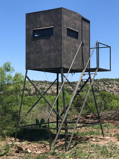 AWS Blind | Bushlan Outfitter Hunting Blinds | Models 5x5, 5x7 & 5x9 | Widths 60", 84" & 108" | Tower Heights Ground, 4', 8' & 12' | All-Metal Build | Combo Bow/Rifle Windows | For Deer Hunting
