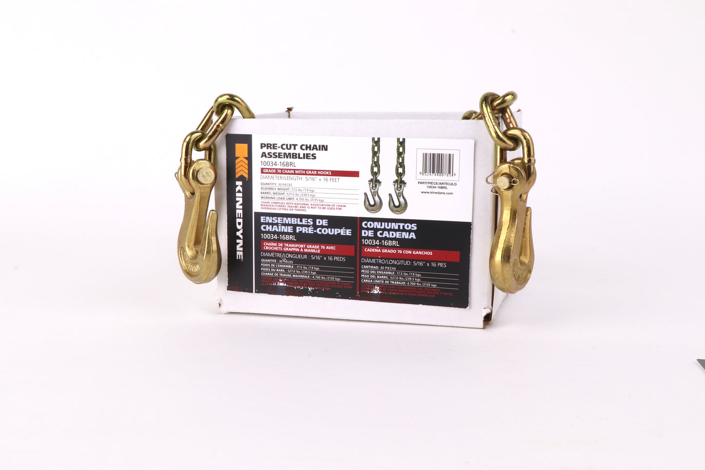 Kinedyne Grade 70 Grab Hook Chain Assembly | Width 5/16" | Length 16' | Working Load Limit 2,135 Kg | 30 Units Per Barrel | For Cargo & Industrial Tie-Down Applications