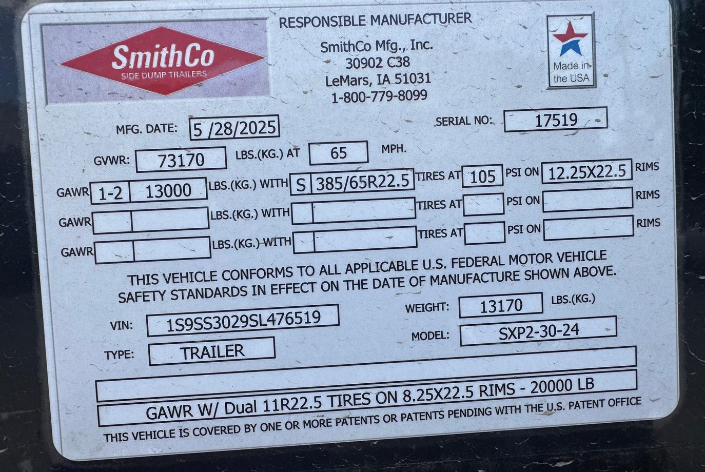 SmithCo Side Dump Trailer | Model SX2-3024P | Frame Length 30' | Tub Length 24' | Overall Width 102"