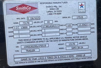 SmithCo Side Dump Trailer | Model SX2-3024P | Frame Length 30' | Tub Length 24' | Overall Width 102"