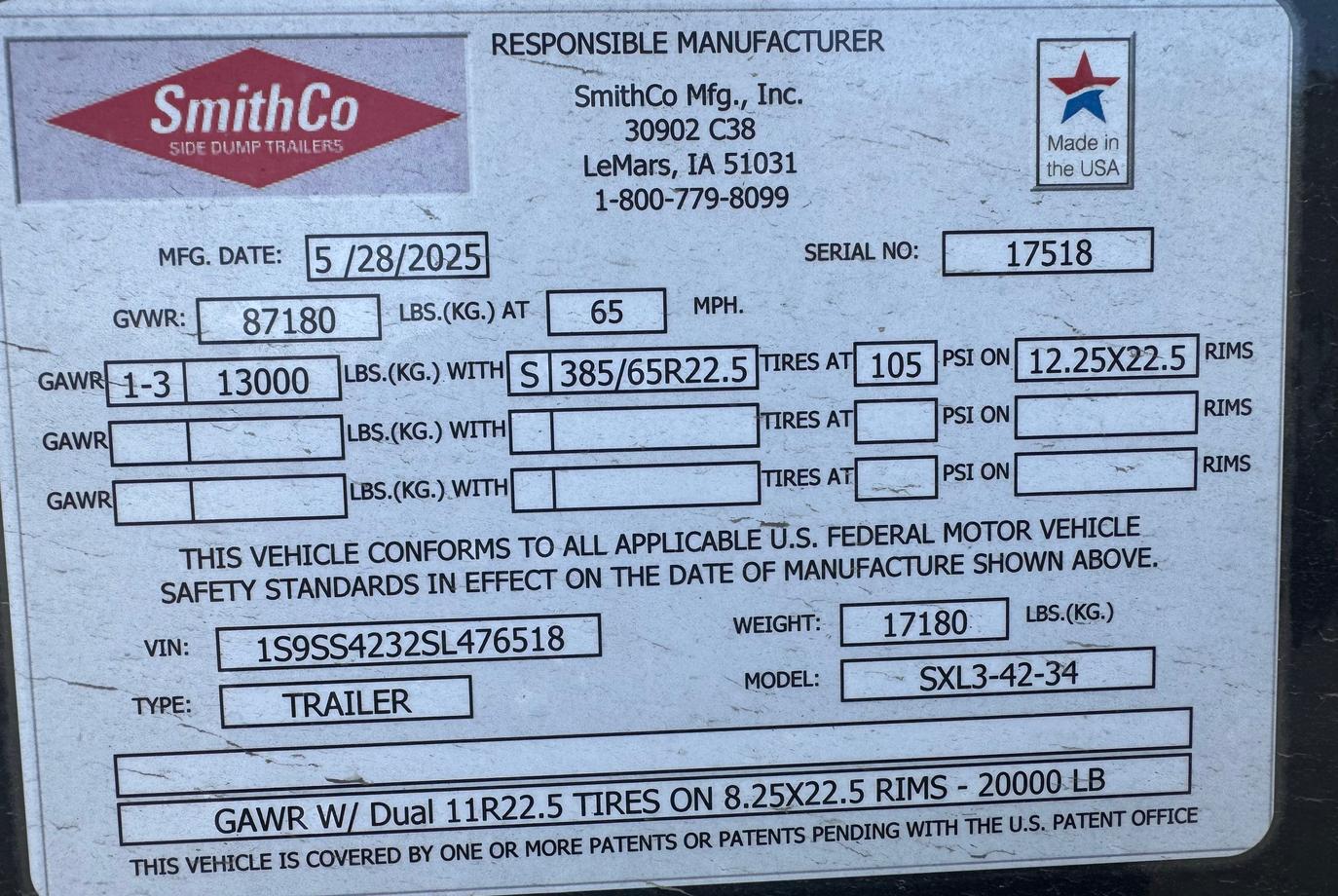 SmithCo Heavy-Duty Side Dump Trailer | Model SXL3-4234 | Frame Length 42' | Tub Length 34' |