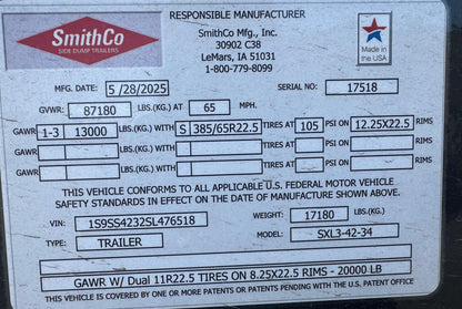SmithCo Heavy-Duty Side Dump Trailer | Model SXL3-4234 | Frame Length 42' | Tub Length 34' |