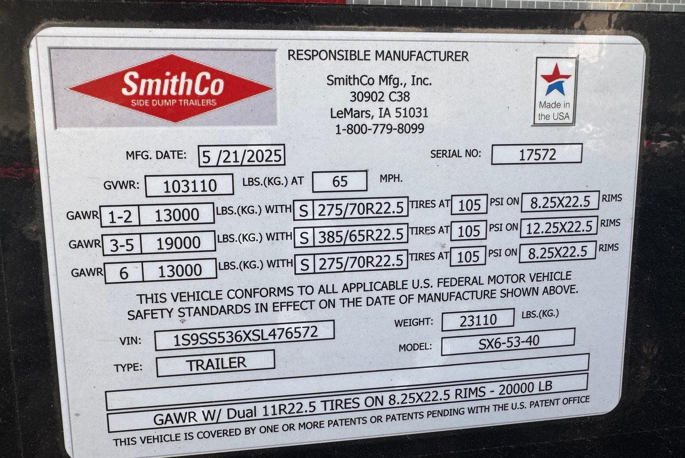 SmithCo Side Dump Trailer | Model SX6-53-40 | Frame Length 53' | Tub Length 40' | Frame Width 102"