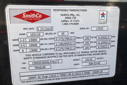 SmithCo Side Dump Trailer | Model SX6-53-40 | Frame Length 53' | Tub Length 40' | Frame Width 102"