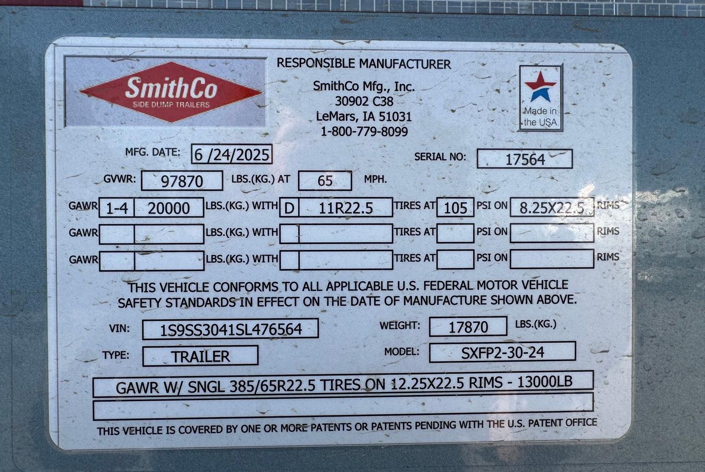 SmithCo Side Dump Trailer | Model SX2FP-30-24 | Frame Length 30′ | Tub Length 24′ | Width 102"