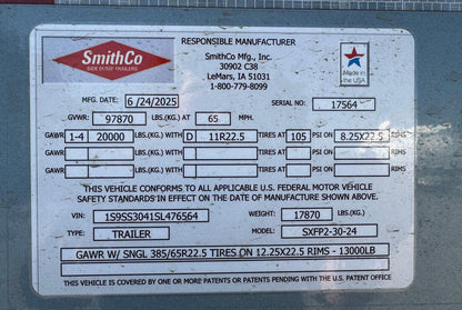 SmithCo Side Dump Trailer | Model SX2FP-30-24 | Frame Length 30′ | Tub Length 24′ | Width 102"