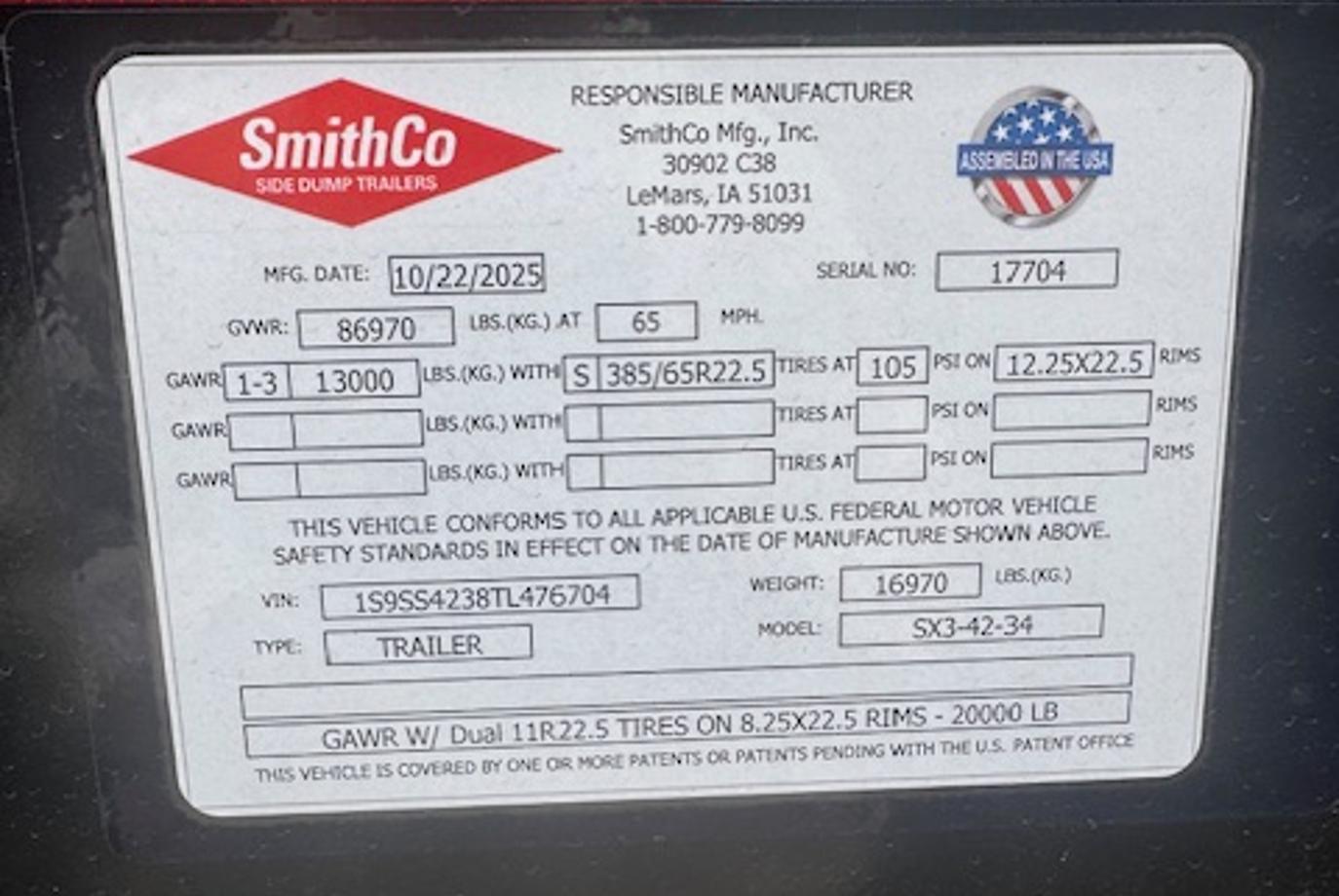 SmithCo Side Dump Trailer | Model SX3-42-34 | Frame Length 42' | Tub Length 34' | White Tub