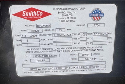 SmithCo Side Dump Trailer | Model SX3-42-34 | Frame Length 42' | Tub Length 34' | White Tub