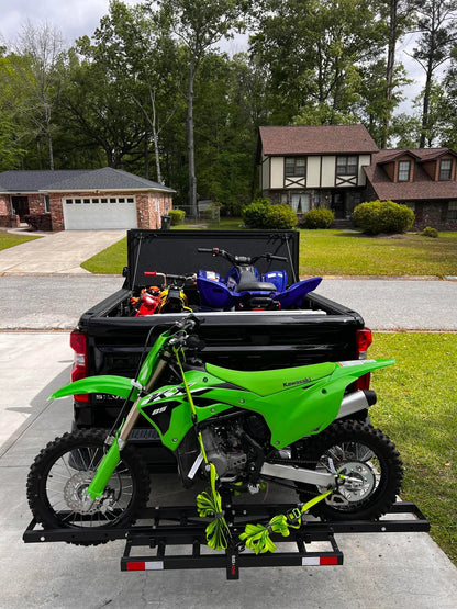 Black Widow Compact Dirt Bike Carrier | Model MCC-300 | Track Size 77" x 7" | Capacity 300 lb | For 2" Class III & IV Hitch Vehicles