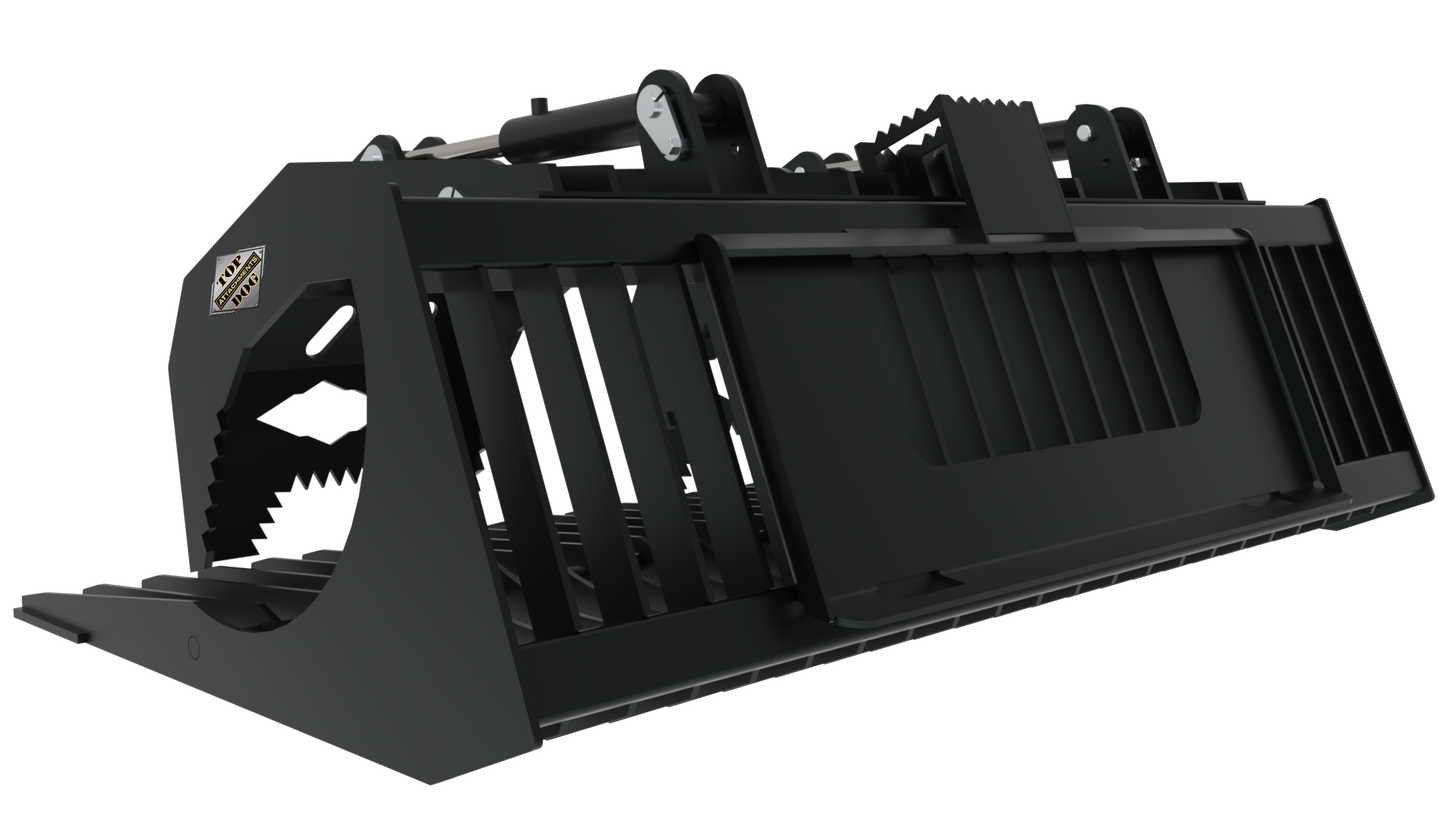 Top Dog Attachments HD Brush Bucket with Grapple | Width 68" to 82" | Weight 937 to 1065 lbs | Oil Flow Range 15 to 25 GPM | For Skid Steer