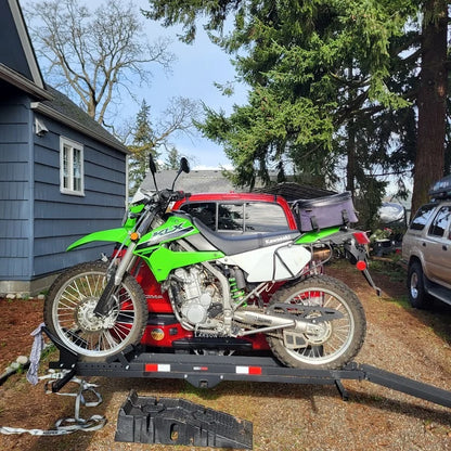 Black Widow Heavy Duty Motorcycle Carrier | Model MCC-600 | Track Size 79" x 7.75" | Capacity 600 lb | For Class III & IV Hitches