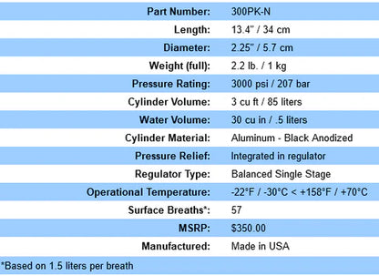 Brownie Third Lung Spare Air Nitrox Ready-3 Cu.ft. Package For Nitrox Divers | 13.4" Length | 85Ltr. Cylinder Volume |