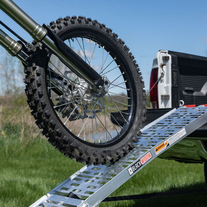 Black Widow Arched Folding Motorcycle Ramp | Model AFP-9012 | Size 11.1" Wide | Capacity 750 lb | For Street, Sport, Dirt Bikes & Scooters