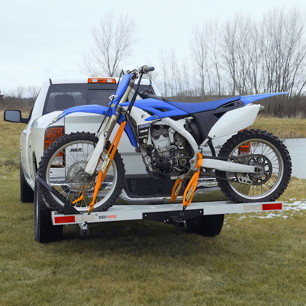 Black Widow Dirt Bike Carrier w/Chock | Model AMC-400-DLX | Track Size 75" | Capacity 400 lb | For Class III & IV 2" Hitch Motorcycles