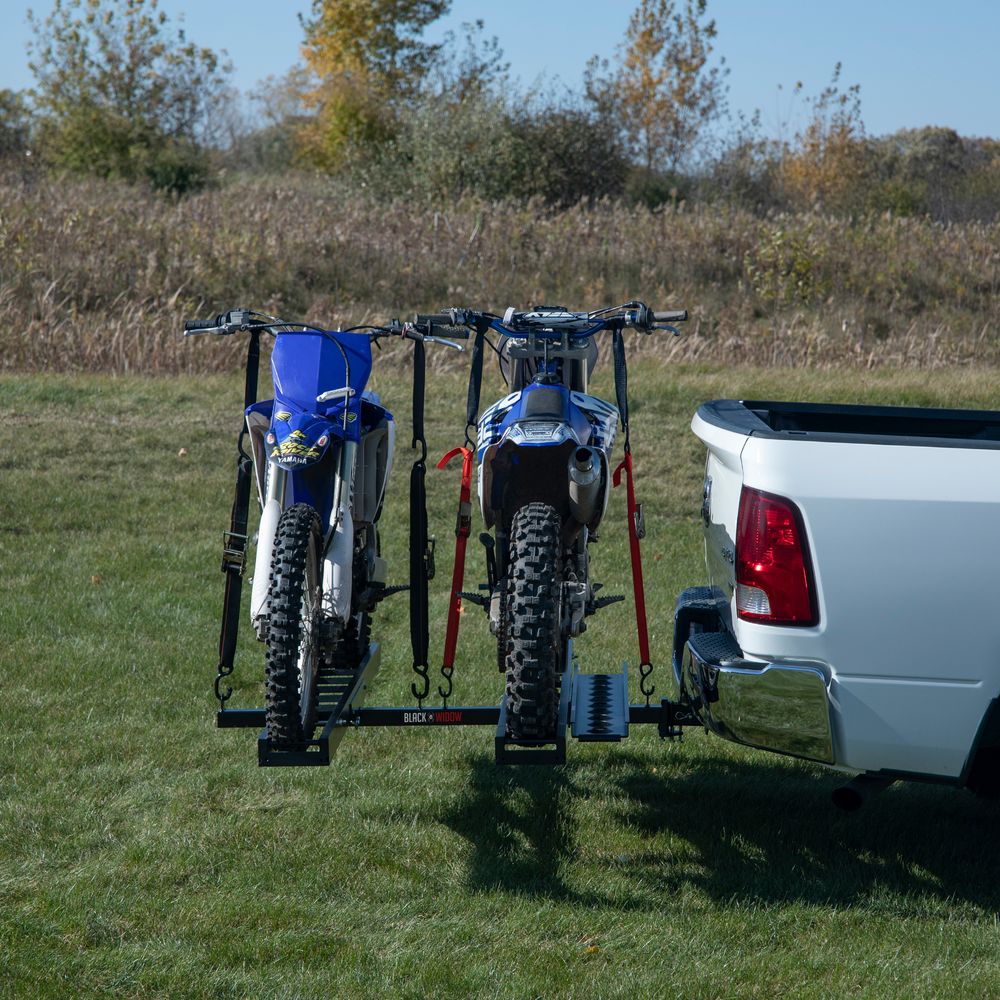 Black Widow Pro Double Dirt Bike Carrier | Model AMC-600-2-PRO | Dual 5.5" Tracks | Capacity 600 lb | For 2" Class III & IV Hitch Vehicles