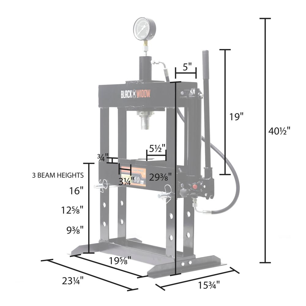 Black Widow 10-Ton Benchtop Hydraulic Shop Press | Model BD-PRESS-10H | Size 23.25" W | 10-Ton Manual Hydraulic Power | For Home & Professional Mechanics