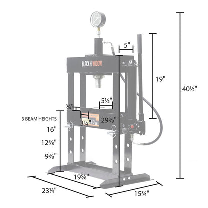 Black Widow 10-Ton Benchtop Hydraulic Shop Press | Model BD-PRESS-10H | Size 23.25" W | 10-Ton Manual Hydraulic Power | For Home & Professional Mechanics