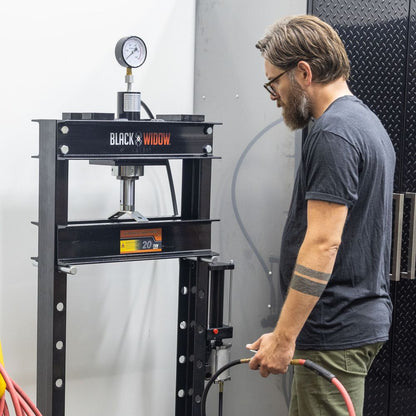 Black Widow 20-Ton Air-Operated Shop Press | Model BD-PRESS-20A | Width 29.5" | 20-Ton Air-Over-Hydraulic | For Home & Professional Auto Shops