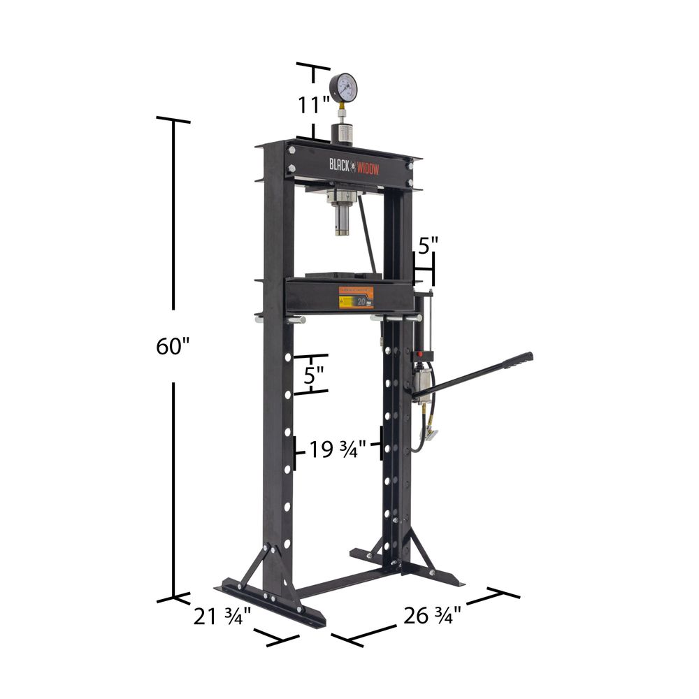 Black Widow 20-Ton Air-Operated Shop Press | Model BD-PRESS-20A | Width 29.5" | 20-Ton Air-Over-Hydraulic | For Home & Professional Auto Shops