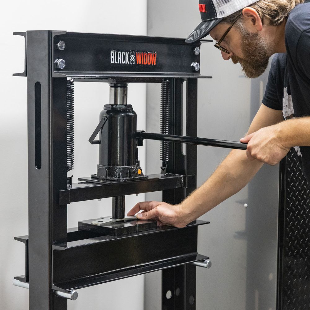 Black Widow 20-Ton Hydraulic Shop Press | Model BD-PRESS-20H-KIT | Frame Width 21.5" | Capacity 20-Ton | For Auto, Motorcycle & Metalworking Shops