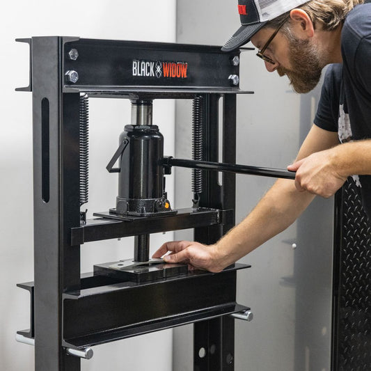 Black Widow 20-Ton Hydraulic Shop Press | Model BD-PRESS-20H-KIT | Frame Width 21.5" | Capacity 20-Ton | For Auto, Motorcycle & Metalworking Shops