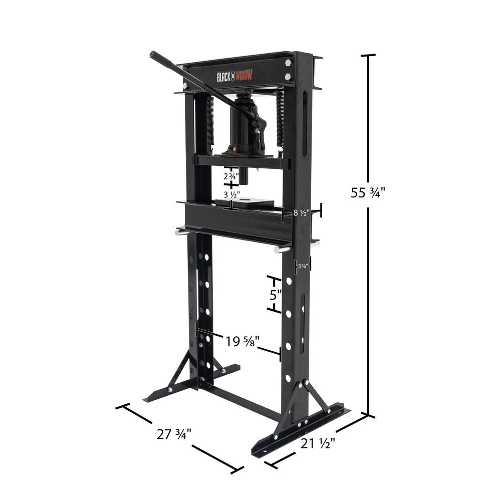 Black Widow 20-Ton Hydraulic Shop Press | Model BD-PRESS-20H-KIT | Frame Width 21.5" | Capacity 20-Ton | For Auto, Motorcycle & Metalworking Shops