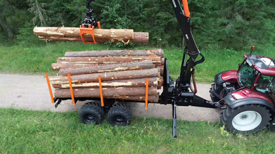 Woody Equipment 8' Forestry Trailer Model 8-52 with Log Loader Model 90 HD & 90 HD Plus | Included hydraulic Axle &  Grapple 28'' Hardox | Pull Type | For ATV