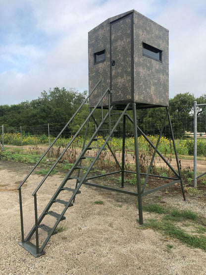 AWS Blind | Bushlan Outfitter Hunting Blinds | Models 5x5, 5x7 & 5x9 | Widths 60", 84" & 108" | Tower Heights Ground, 4', 8' & 12' | All-Metal Build | Combo Bow/Rifle Windows | For Deer Hunting