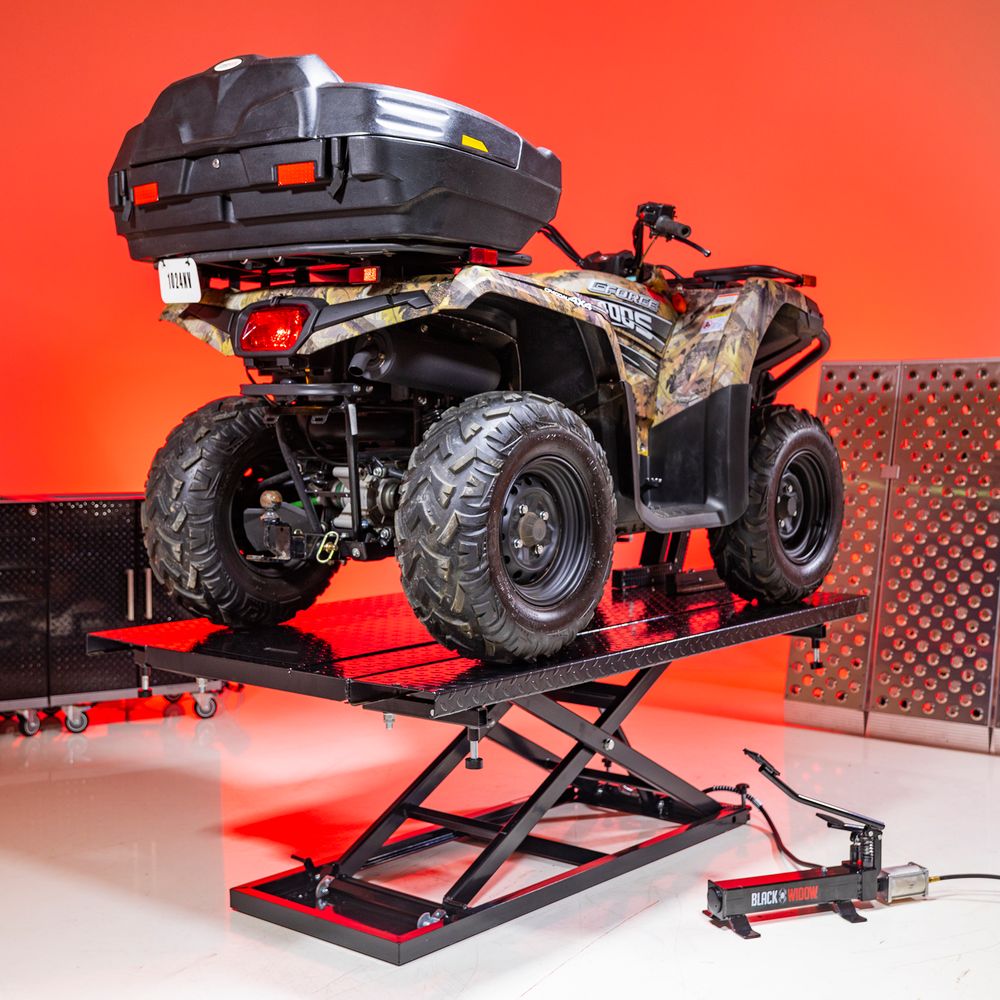 Black Widow Extra-Wide Air/Hydraulic Motorcycle & ATV Lift Table | Model BW-1500AH-Z | Platform 76.5" L x 47.75" W | Capacity 1,500 lb. | Horsepower 4 To 90+ HP | For Motorcycles & ATVs