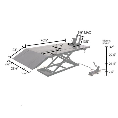 Black Widow Extra-Wide Air/Hydraulic Motorcycle & ATV Lift Table | Model BW-1500AH-Z | Platform 76.5" L x 47.75" W | Capacity 1,500 lb. | Horsepower 4 To 90+ HP | For Motorcycles & ATVs