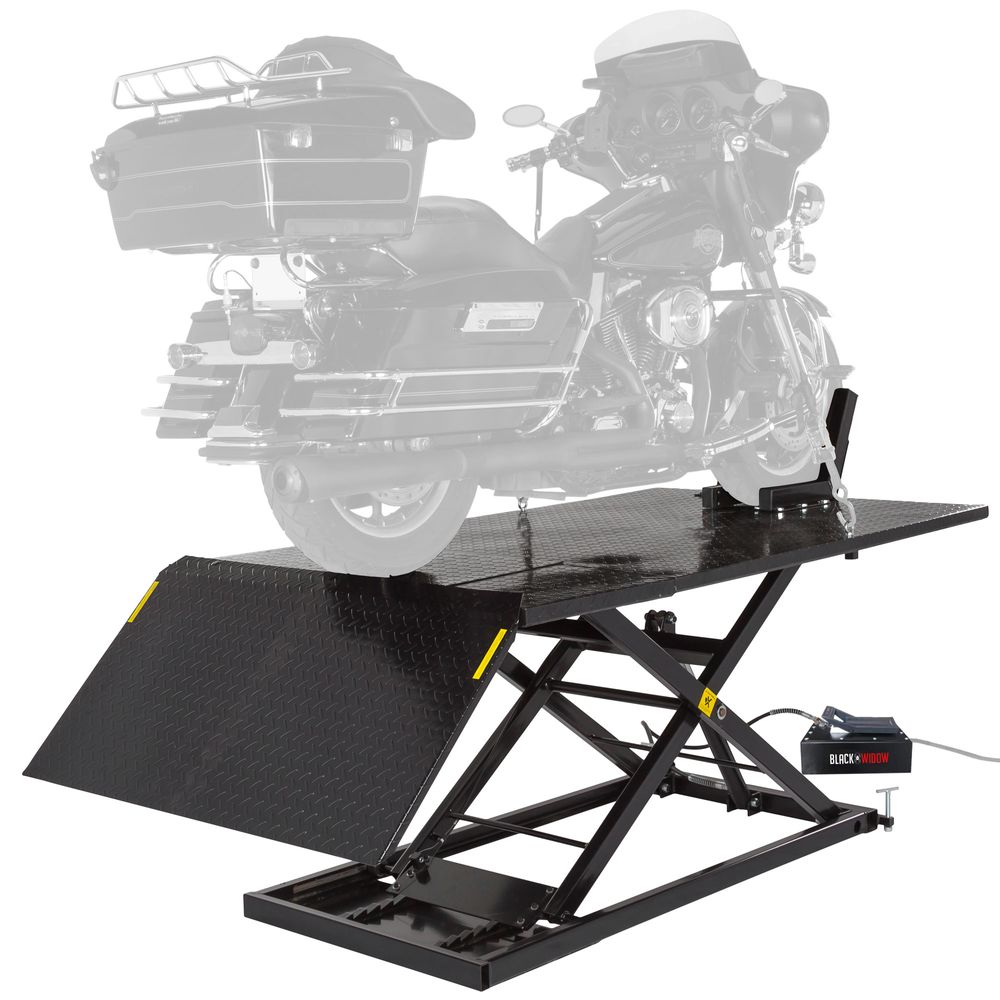 Black Widow Air/Hydraulic Motorcycle Lift Table Wide | Model BW-1500AO-V2-MC | Platform Size 78" x 47" | Capacity 1,500 lb | For Street, Touring & Cruiser Motorcycles