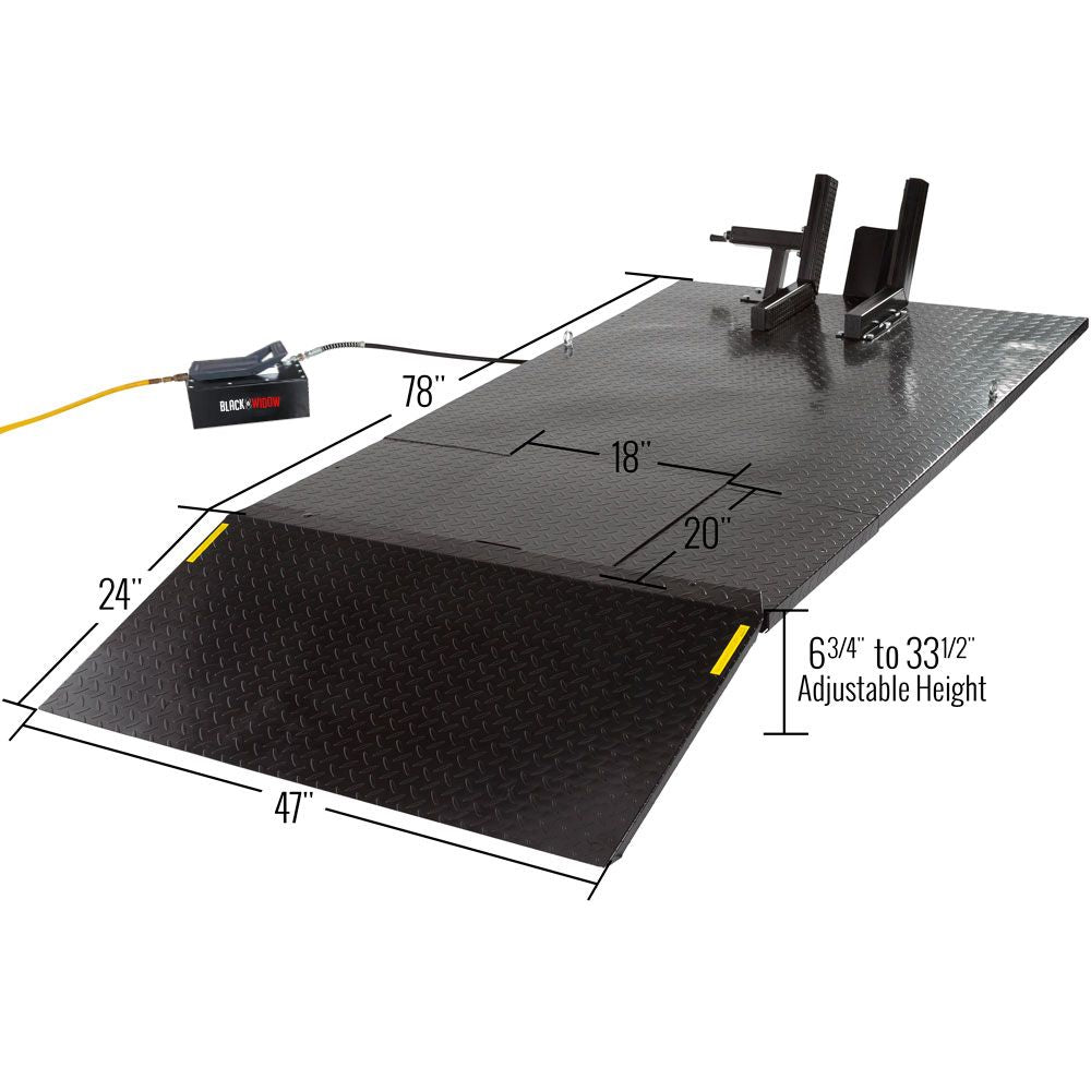 Black Widow Air/Hydraulic Motorcycle Lift Table Wide | Model BW-1500AO-V2-MC | Platform Size 78" x 47" | Capacity 1,500 lb | For Street, Touring & Cruiser Motorcycles