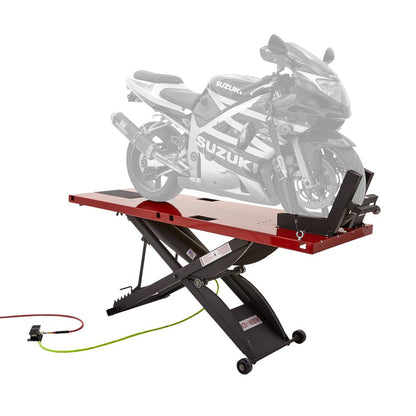 Black Widow Extra-Long Pneumatic Motorcycle Lift Table | Model BW-9030-KIT | Platform Size 90" x 30" | Capacity 1,200 lb | For Street, Touring & Cruiser Bikes